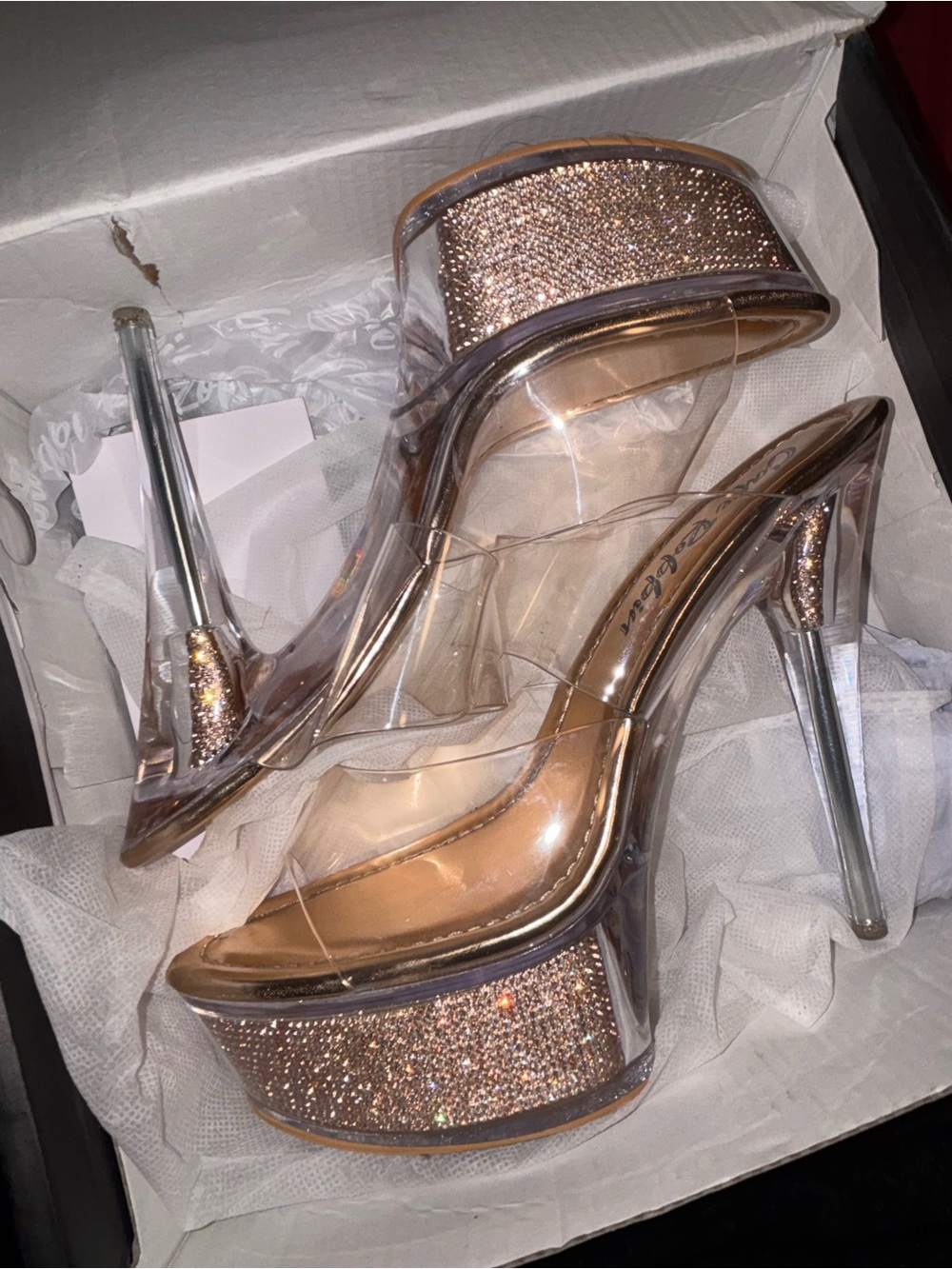 Clear Platform Glitter High Heels - Rose Gold